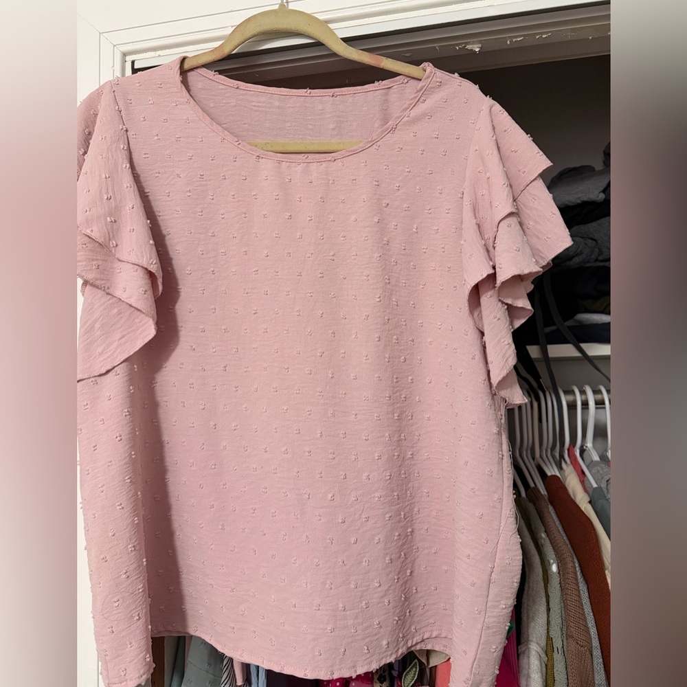 SHEIN Light Pink Textured Ruffle Sleeve Top